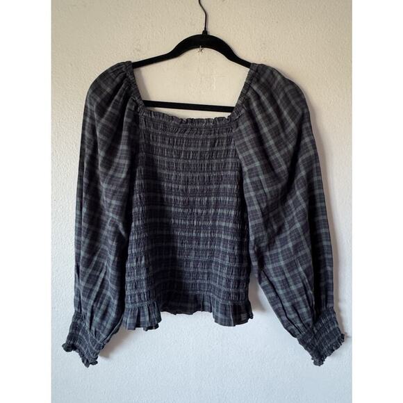 Madewell Lucie Bubble Sleeve Smocked Top Women’s Size Small Green Black Blouse - Picture 2 of 6